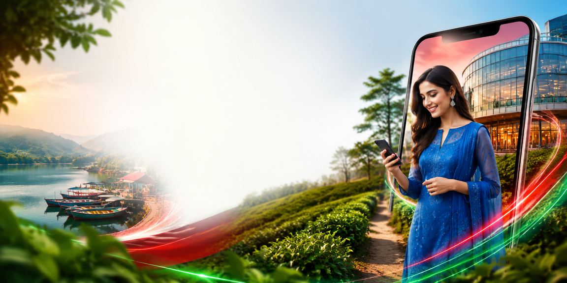 A model in shalwar kameez against the hilly backdrop of Rangamati, browsing casino bonuses on a mobile phone